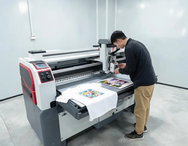 Ricoh digital textile printer running a garment and rigid sample workflow