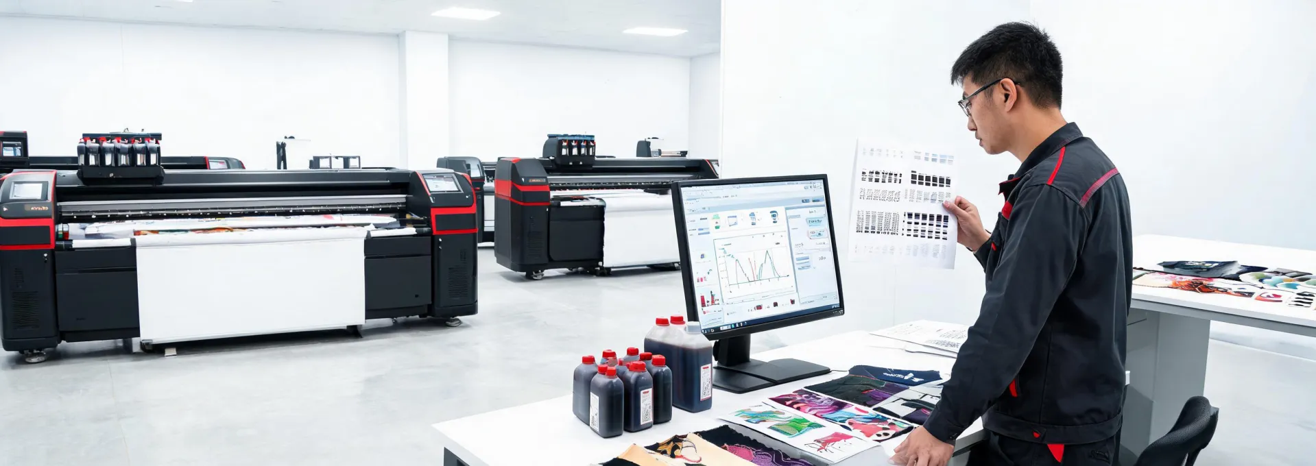 Ricoh printer support console beside a production print line